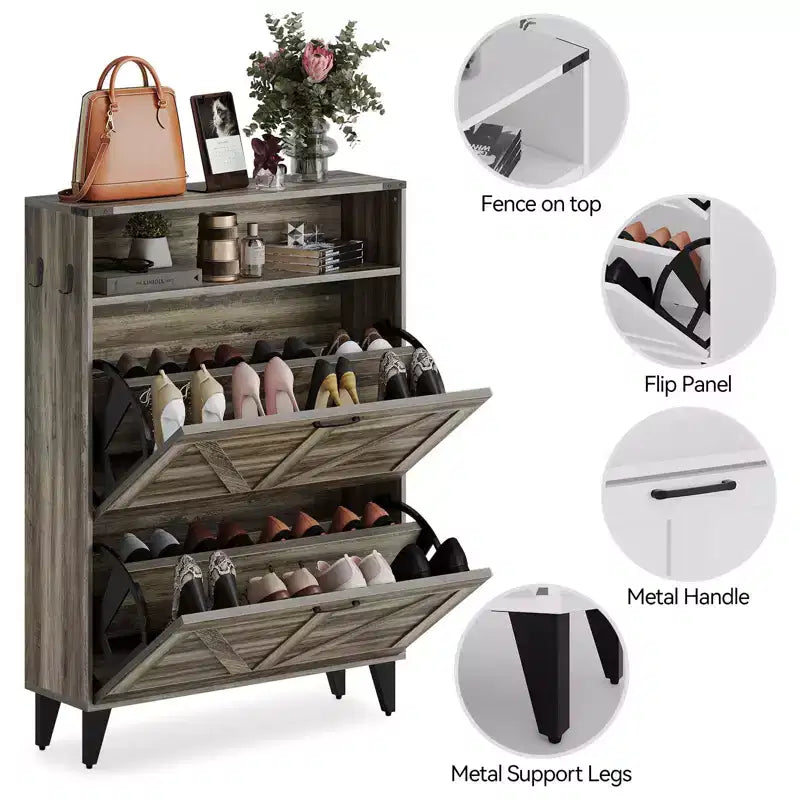 Meuble de rangement à chaussures mince avec 2 tiroirs basculants, organiseur de chaussures étroit autoportant pour entrée, couloir ou vestibule