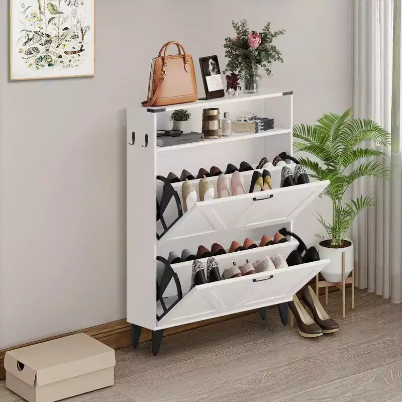 Meuble de rangement à chaussures mince avec 2 tiroirs basculants, organiseur de chaussures étroit autoportant pour entrée, couloir ou vestibule