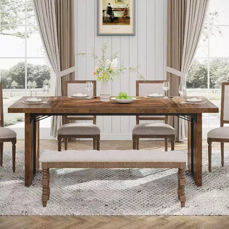 Table à manger rectangulaire en bois pour 6, Table de cuisine de 180 cm