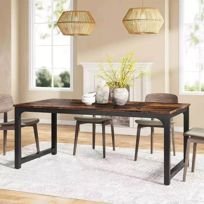 Table à manger rectangulaire en bois pour 6, Table de cuisine de 180 cm