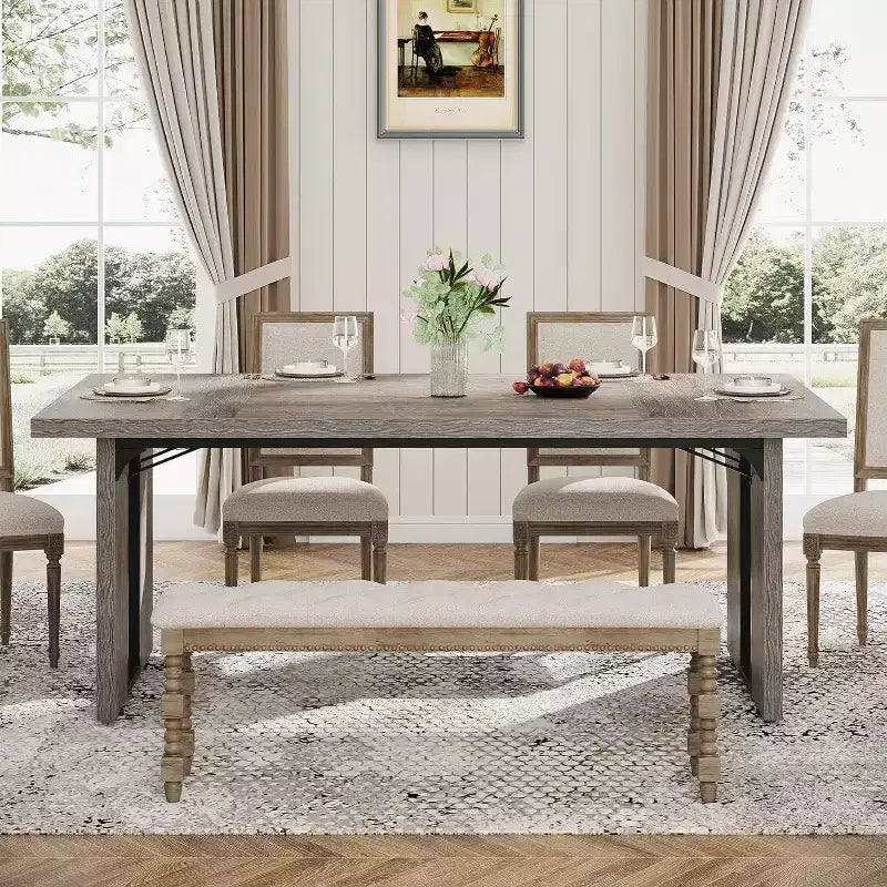 Table à manger rectangulaire en bois pour 6, Table de cuisine de 180 cm