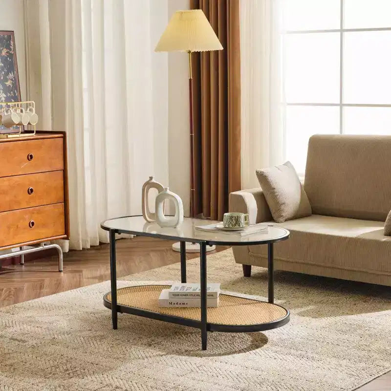 Table basse ovale en rotin blanc