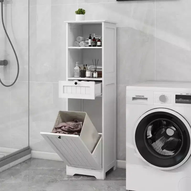 Meuble de rangement avec tiroir et étagère ouverte, panier à linge inclinable pour salle de bain et salon, blanc