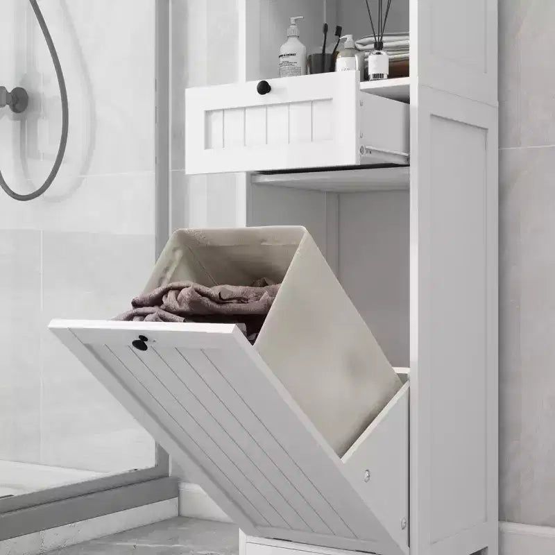 Meuble de rangement avec tiroir et étagère ouverte, panier à linge inclinable pour salle de bain et salon, blanc