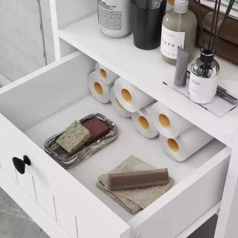 Meuble de rangement avec tiroir et étagère ouverte, panier à linge inclinable pour salle de bain et salon, blanc
