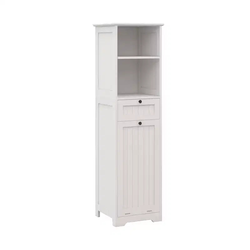 Meuble de rangement avec tiroir et étagère ouverte, panier à linge inclinable pour salle de bain et salon, blanc