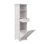 Meuble de rangement avec tiroir et étagère ouverte, panier à linge inclinable pour salle de bain et salon, blanc