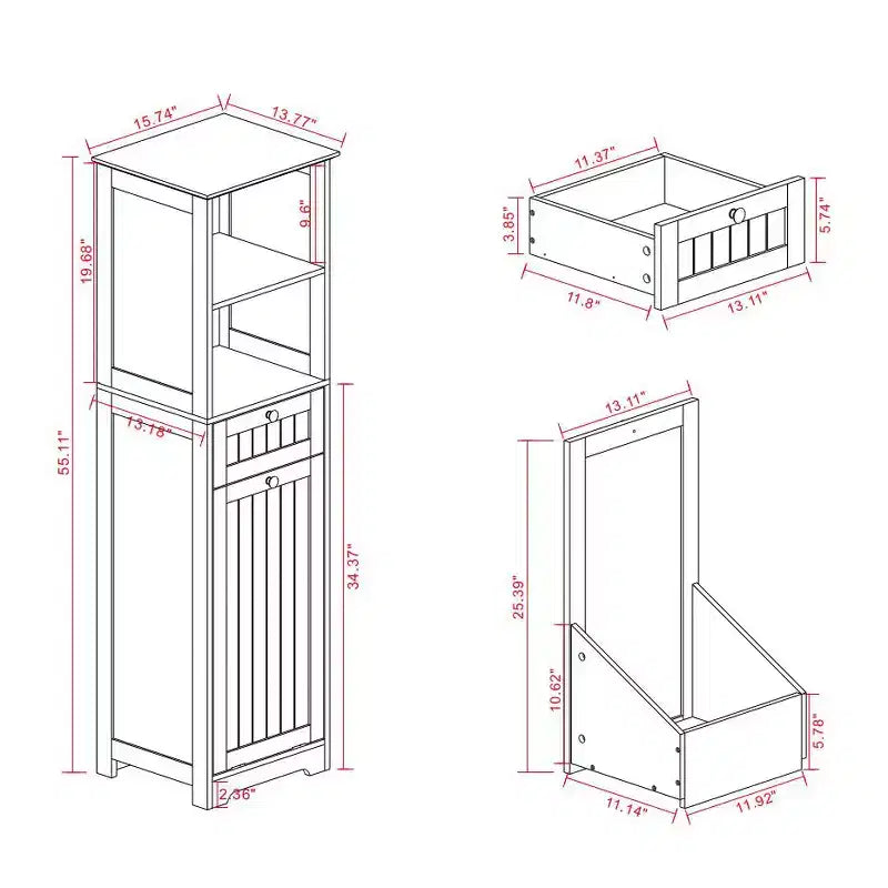 Meuble de rangement avec tiroir et étagère ouverte, panier à linge inclinable pour salle de bain et salon, blanc