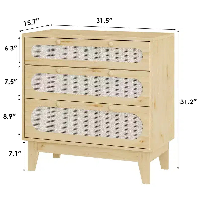 CuisinSmart Commode 3 tiroirs pour chambre à coucher, commode rotin 79,2 cm de haut, armoire de rangement en bois pour chambre à coucher, couloir, salon