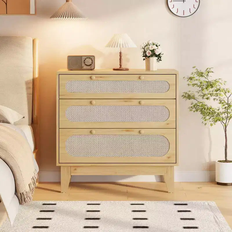 CuisinSmart Commode 3 tiroirs pour chambre à coucher, commode rotin 79,2 cm de haut, armoire de rangement en bois pour chambre à coucher, couloir, salon