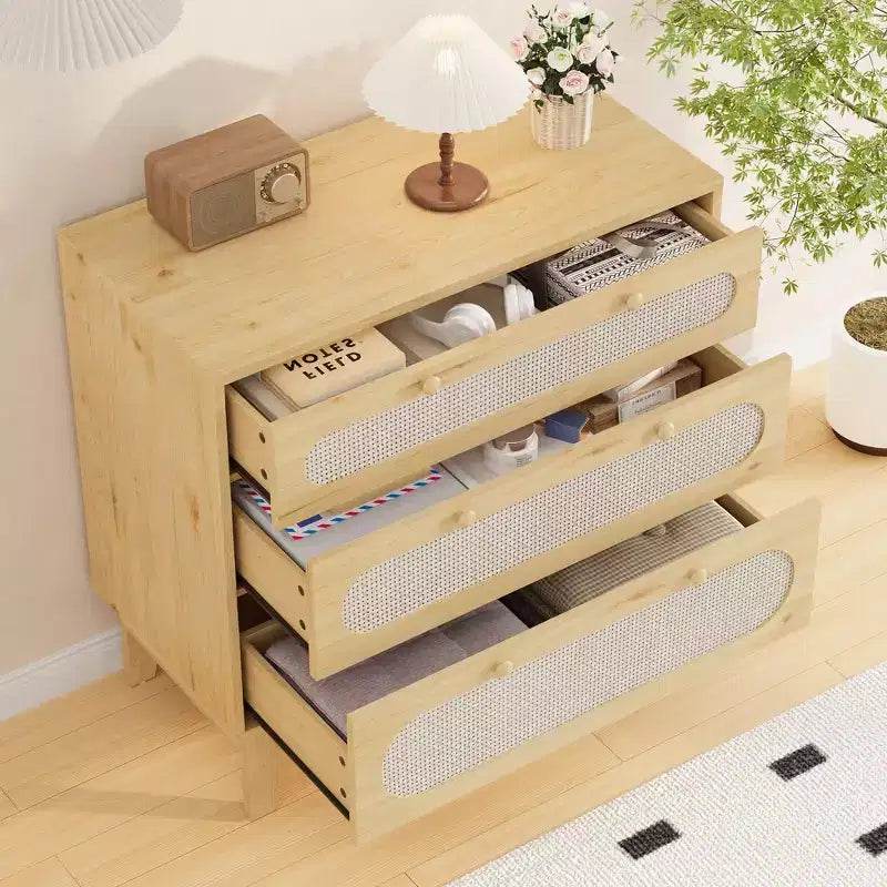 CuisinSmart Commode 3 tiroirs pour chambre à coucher, commode rotin 79,2 cm de haut, armoire de rangement en bois pour chambre à coucher, couloir, salon