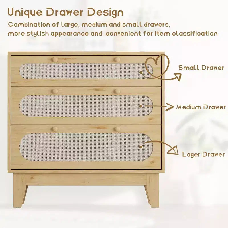 CuisinSmart Commode 3 tiroirs pour chambre à coucher, commode rotin 79,2 cm de haut, armoire de rangement en bois pour chambre à coucher, couloir, salon