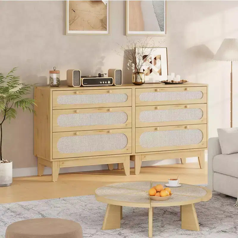 CuisinSmart Commode 3 tiroirs pour chambre à coucher, commode rotin 79,2 cm de haut, armoire de rangement en bois pour chambre à coucher, couloir, salon