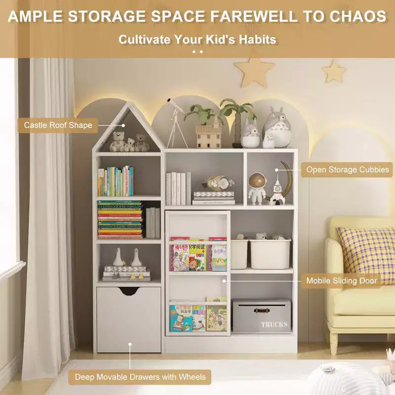 CuisinSmart Étagère à livres pour enfants 43'' avec 7 casiers de rangement, bibliothèque à pochettes à 3 niveaux pour enfants, organisateur de jouets pour salle de jeux, crèche, salle de classe