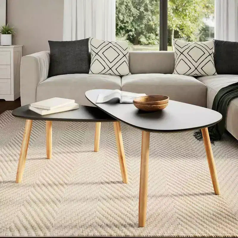 Lot de 2 tables basses Pieds en pin massif noir, plateau en MDF