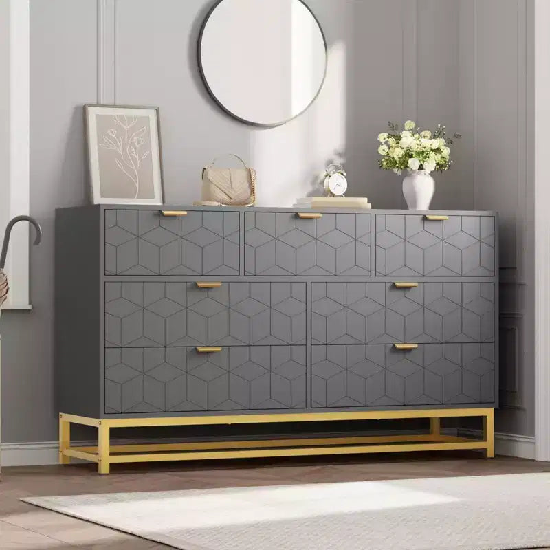 Commode de chambre, 7 tiroirs avec poignées dorées