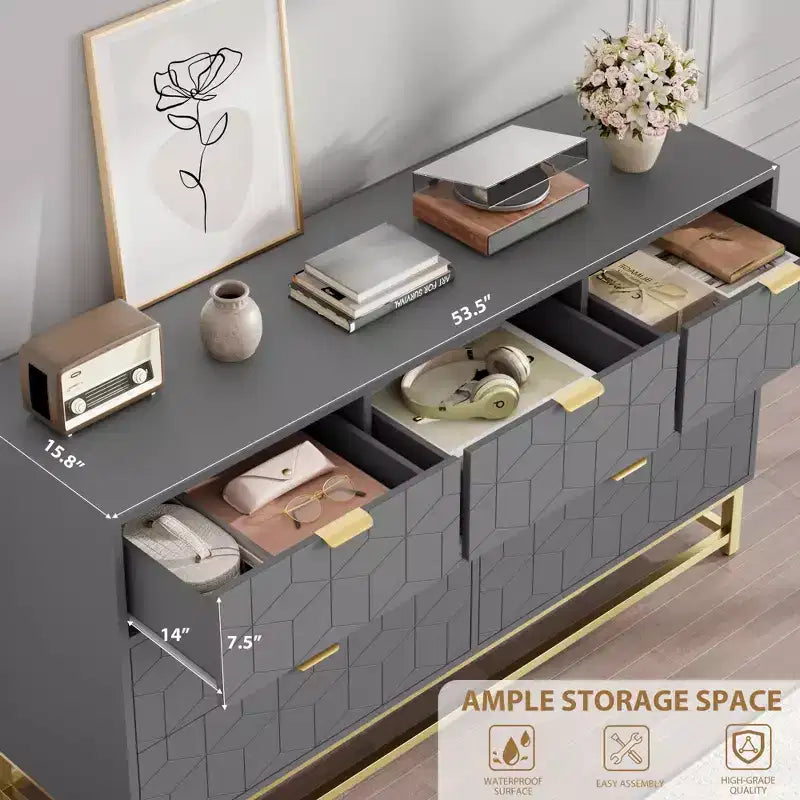 Commode de chambre, 7 tiroirs avec poignées dorées