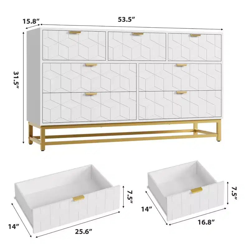 Commode de chambre, 7 tiroirs avec poignées dorées