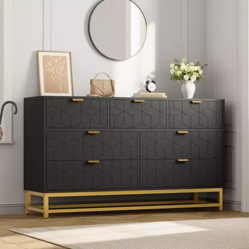 Commode de chambre, 7 tiroirs avec poignées dorées