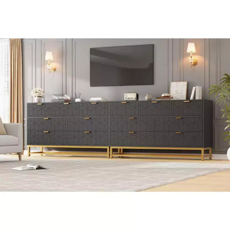 Commode de chambre, 7 tiroirs avec poignées dorées