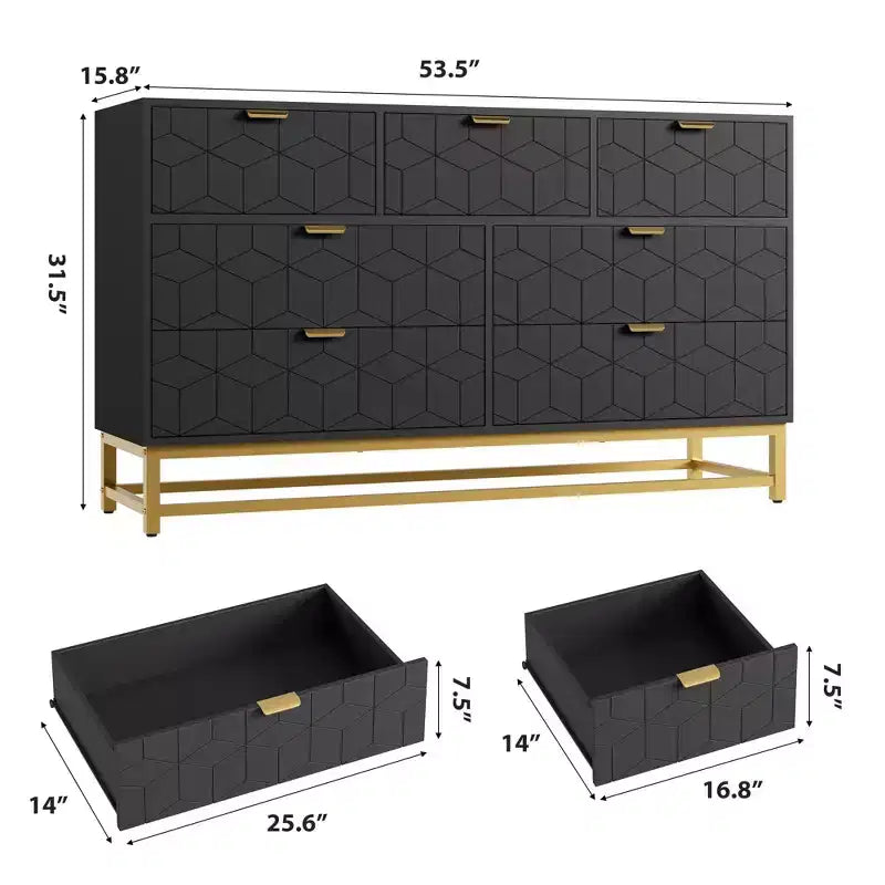 Commode de chambre, 7 tiroirs avec poignées dorées