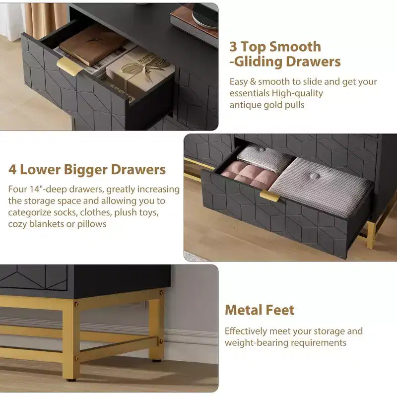 Commode de chambre, 7 tiroirs avec poignées dorées