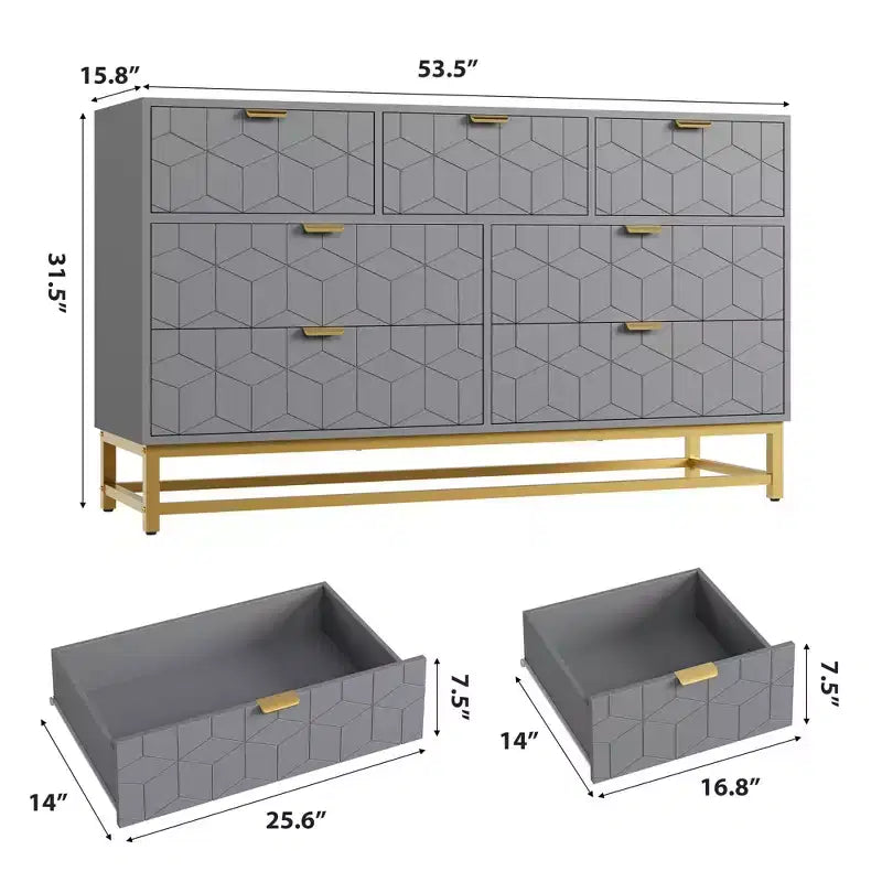Commode de chambre, 7 tiroirs avec poignées dorées