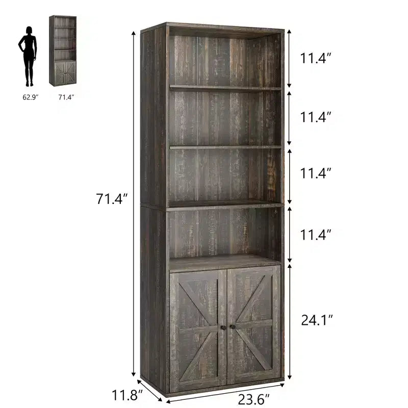 Bibliothèque haute de 181 cm, bibliothèque de style ferme avec portes et étagères ouvertes, bibliothèque autoportante à 6 niveaux en bois pour salon, chambre, bureau