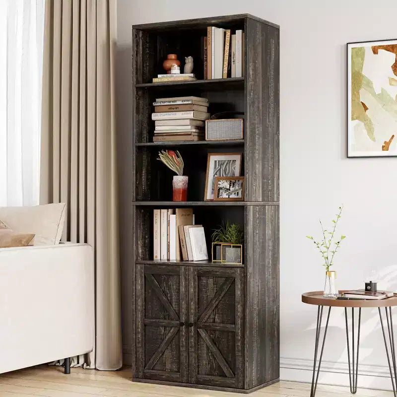 Bibliothèque haute de 181 cm, bibliothèque de style ferme avec portes et étagères ouvertes, bibliothèque autoportante à 6 niveaux en bois pour salon, chambre, bureau