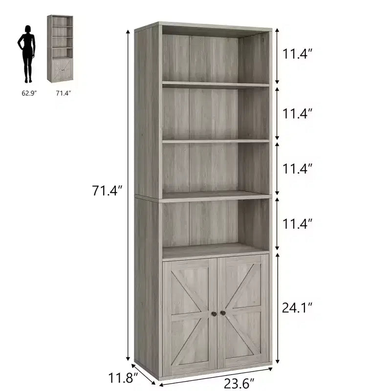 Bibliothèque haute de 181 cm, bibliothèque de style ferme avec portes et étagères ouvertes, bibliothèque autoportante à 6 niveaux en bois pour salon, chambre, bureau