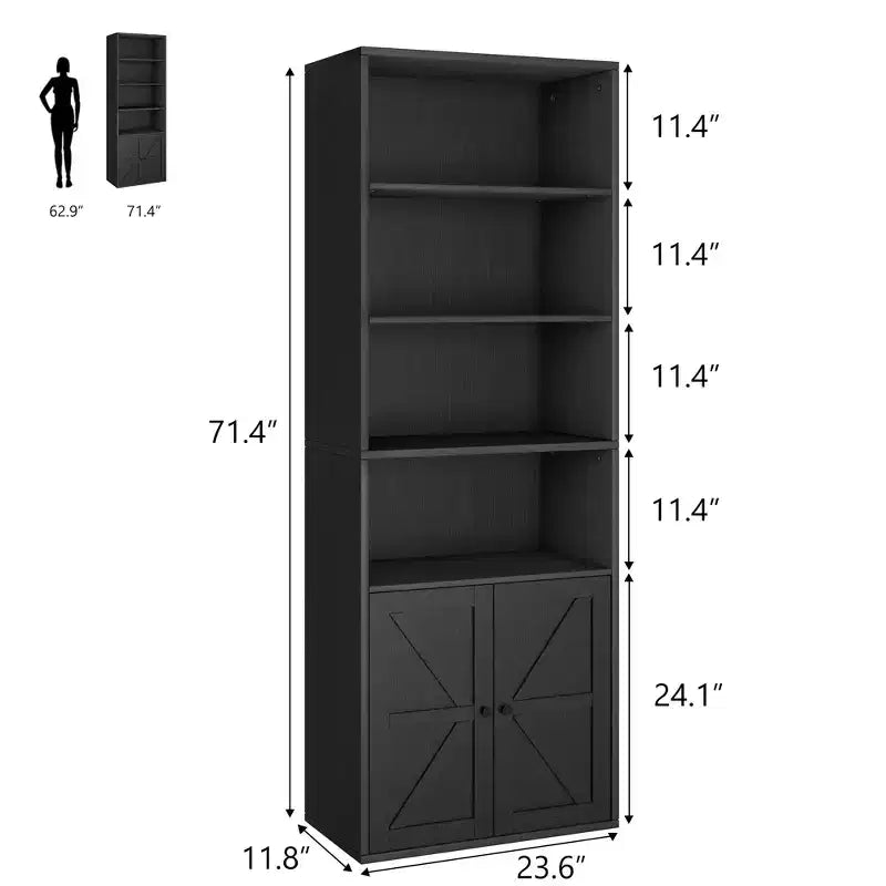 Bibliothèque haute de 181 cm, bibliothèque de style ferme avec portes et étagères ouvertes, bibliothèque autoportante à 6 niveaux en bois pour salon, chambre, bureau