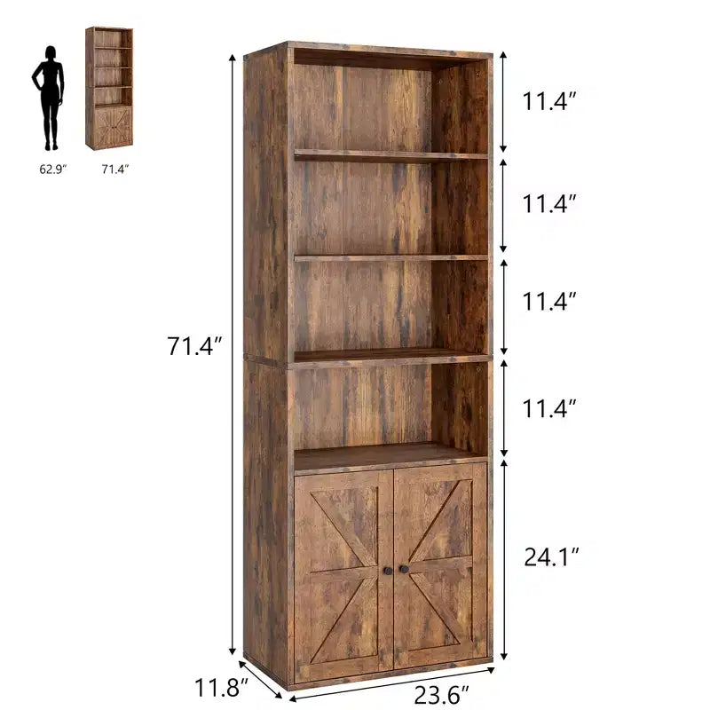Bibliothèque haute de 181 cm, bibliothèque de style ferme avec portes et étagères ouvertes, bibliothèque autoportante à 6 niveaux en bois pour salon, chambre, bureau