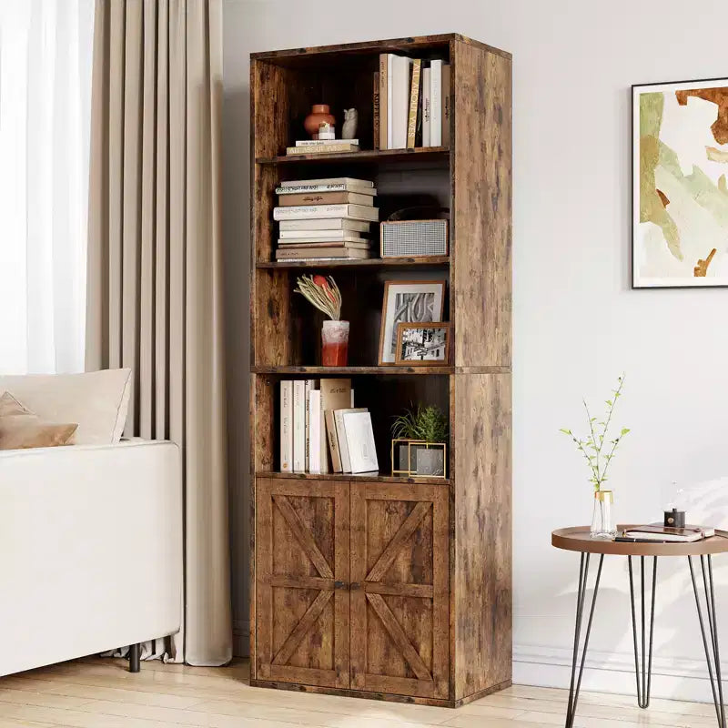 Bibliothèque haute de 181 cm, bibliothèque de style ferme avec portes et étagères ouvertes, bibliothèque autoportante à 6 niveaux en bois pour salon, chambre, bureau