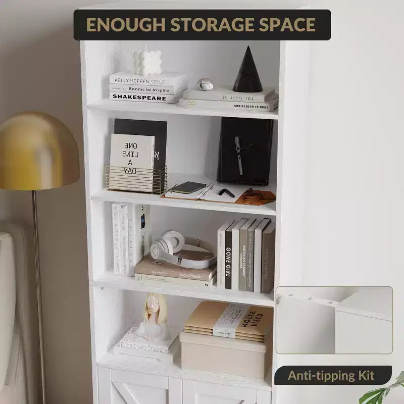 Bibliothèque haute de 181 cm, bibliothèque de style ferme avec portes et étagères ouvertes, bibliothèque autoportante à 6 niveaux en bois pour salon, chambre, bureau