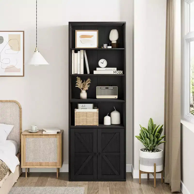 Bibliothèque haute de 181 cm, bibliothèque de style ferme avec portes et étagères ouvertes, bibliothèque autoportante à 6 niveaux en bois pour salon, chambre, bureau