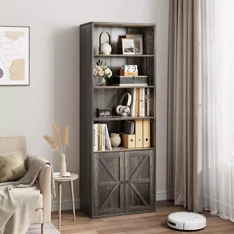 Bibliothèque haute de 181 cm, bibliothèque de style ferme avec portes et étagères ouvertes, bibliothèque autoportante à 6 niveaux en bois pour salon, chambre, bureau