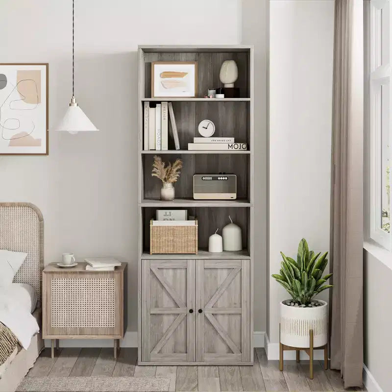 Bibliothèque haute de 181 cm, bibliothèque de style ferme avec portes et étagères ouvertes, bibliothèque autoportante à 6 niveaux en bois pour salon, chambre, bureau