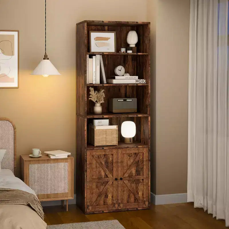 Bibliothèque haute de 181 cm, bibliothèque de style ferme avec portes et étagères ouvertes, bibliothèque autoportante à 6 niveaux en bois pour salon, chambre, bureau