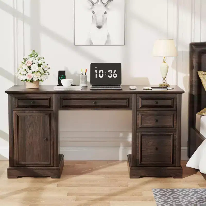 Bureau de direction Dyonery 60, bureau d'ordinateur de style rustique avec tiroirs et armoire, bureau à domicile avec texture en relief, espace de travail pour le travail, l'étude et l'écriture