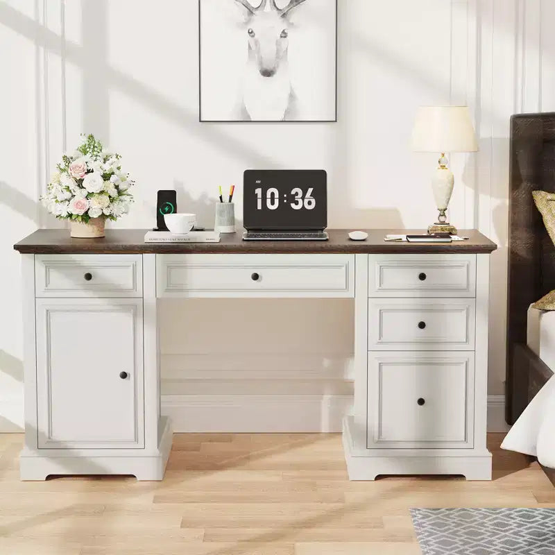 Bureau de direction Dyonery 60, bureau d'ordinateur de style rustique avec tiroirs et armoire, bureau à domicile avec texture en relief, espace de travail pour le travail, l'étude et l'écriture