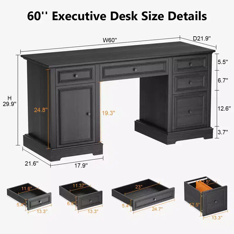 Bureau de direction Dyonery 60, bureau d'ordinateur de style rustique avec tiroirs et armoire, bureau à domicile avec texture en relief, espace de travail pour le travail, l'étude et l'écriture