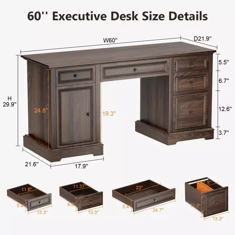 Bureau de direction Dyonery 60, bureau d'ordinateur de style rustique avec tiroirs et armoire, bureau à domicile avec texture en relief, espace de travail pour le travail, l'étude et l'écriture