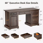 Bureau de direction Dyonery 60, bureau d'ordinateur de style rustique avec tiroirs et armoire, bureau à domicile avec texture en relief, espace de travail pour le travail, l'étude et l'écriture