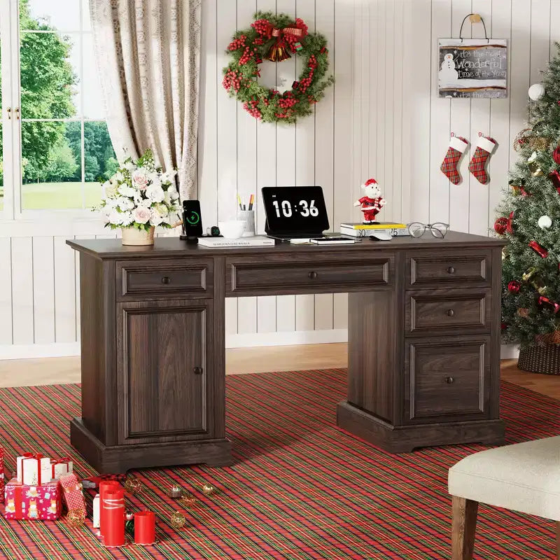 Bureau de direction Dyonery 60, bureau d'ordinateur de style rustique avec tiroirs et armoire, bureau à domicile avec texture en relief, espace de travail pour le travail, l'étude et l'écriture
