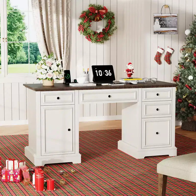 Bureau de direction Dyonery 60, bureau d'ordinateur de style rustique avec tiroirs et armoire, bureau à domicile avec texture en relief, espace de travail pour le travail, l'étude et l'écriture