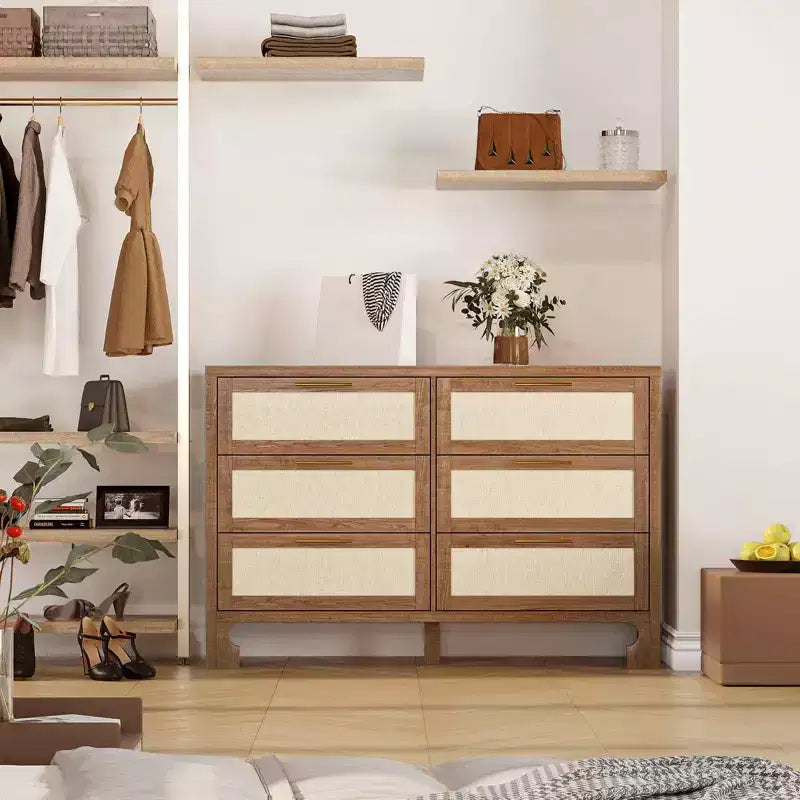 Commode double à 6 tiroirs pour chambre à coucher, commode en bois avec motif en toile de jute, commode de rangement classifié avec poignée en métal doré