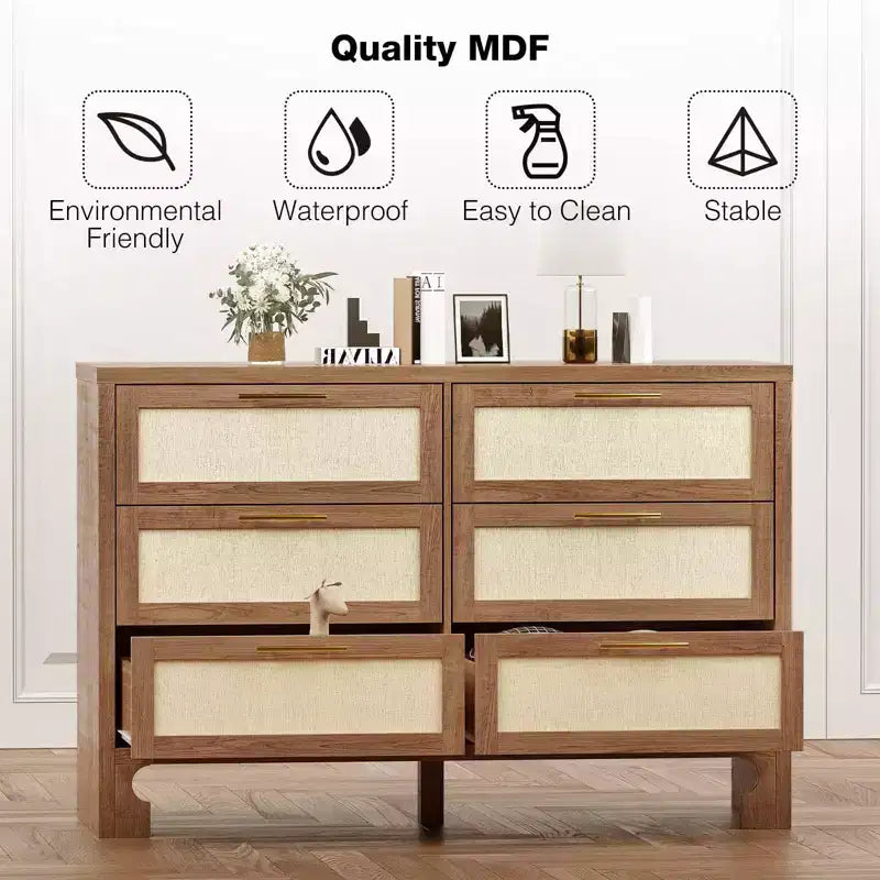 Commode double à 6 tiroirs pour chambre à coucher, commode en bois avec motif en toile de jute, commode de rangement classifié avec poignée en métal doré