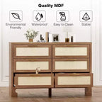 Commode double à 6 tiroirs pour chambre à coucher, commode en bois avec motif en toile de jute, commode de rangement classifié avec poignée en métal doré
