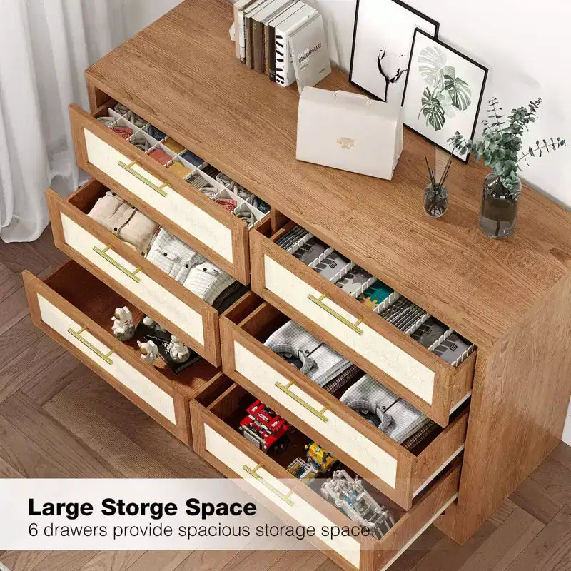 Commode double à 6 tiroirs pour chambre à coucher, commode en bois avec motif en toile de jute, commode de rangement classifié avec poignée en métal doré
