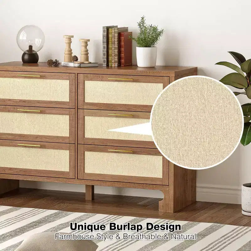 Commode double à 6 tiroirs pour chambre à coucher, commode en bois avec motif en toile de jute, commode de rangement classifié avec poignée en métal doré
